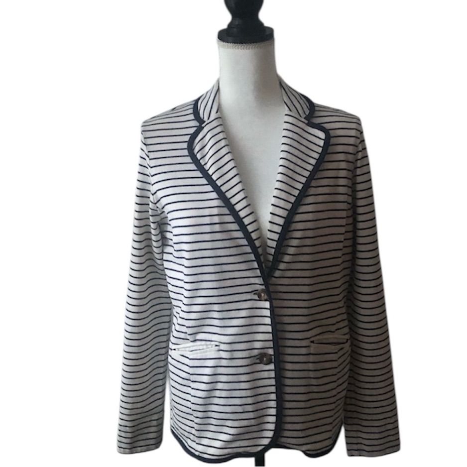 L.L.Bean Navy Cream Striped Cotton Knit Blazer Preppy Jacket Size Small